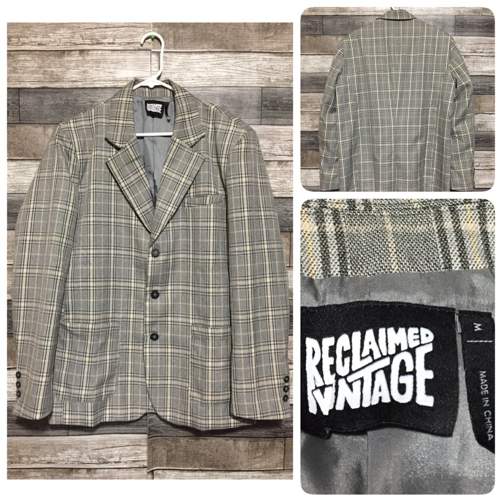 Reclaimed Vintage Oversized Plaid Blazer Men’s M Gray Beige 3 Button